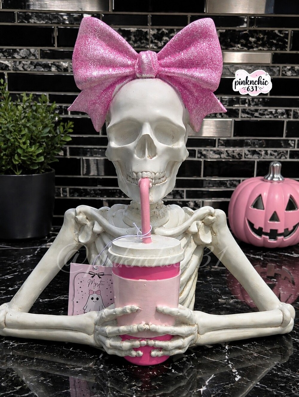 Pink Glitter Coquette Bow Skeleton Statue Bust Drinking Coffee Latte